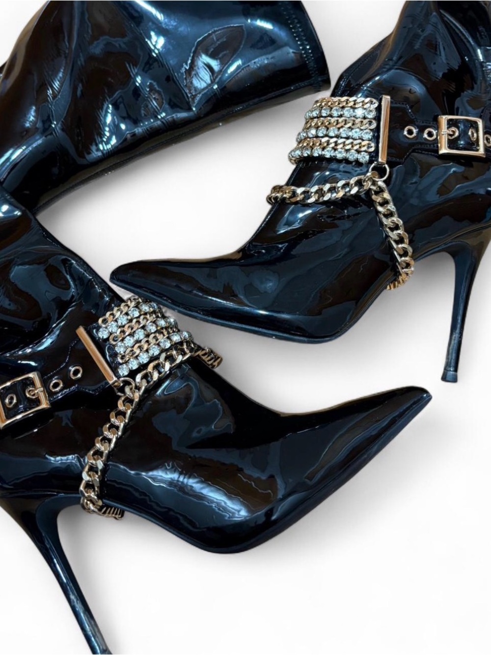 Jeffrey Campbell Black Patent Stiletto Ankle Boots with Gold Chain Trim